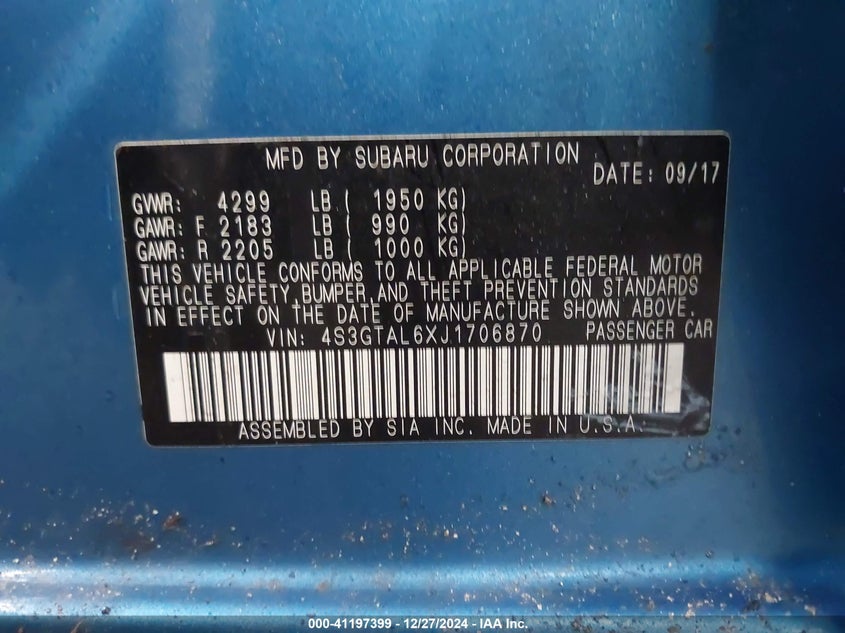 2018 SUBARU IMPREZA VIN: 4S3GTAL6XJ1706870