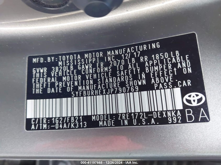 2018 TOYOTA COROLLA VIN: 5YFBURHEXJP790769