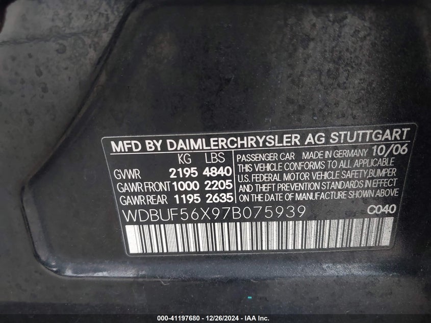 2007 MERCEDES-BENZ E 350 VIN: WDBUF56X97B075939