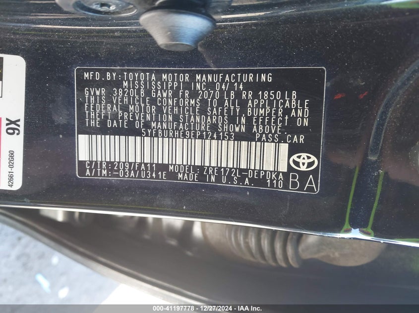 2014 TOYOTA COROLLA VIN: 5YFBURHE9EP124153