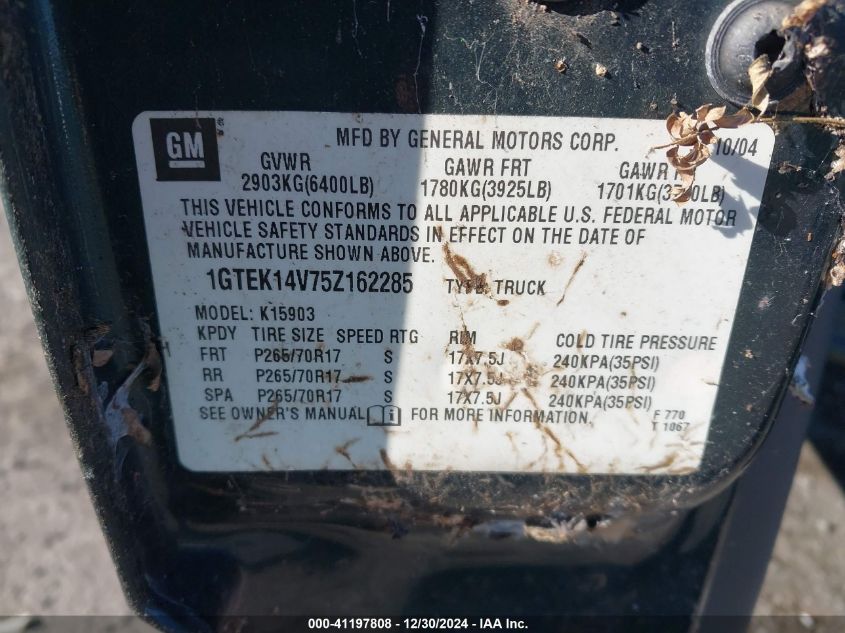 2005 GMC Sierra 1500 Work Truck VIN: 1GTEK14V75Z162285 Lot: 41197808