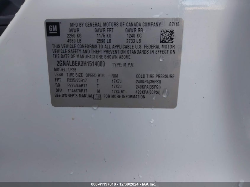 2017 CHEVROLET EQUINOX VIN: 2GNALBEK3H1514000