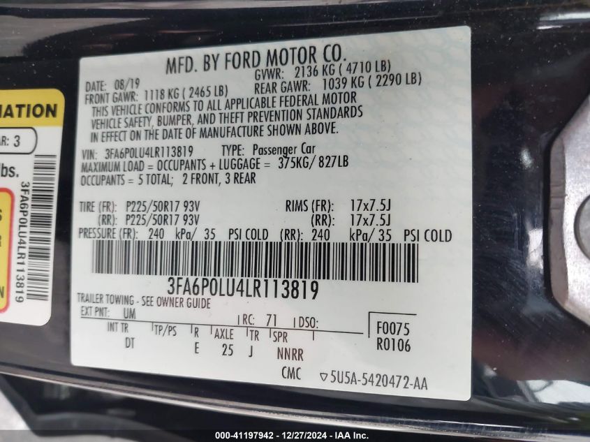 2020 FORD FUSION HYBRID SE - 3FA6P0LU4LR113819