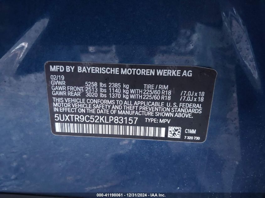 VIN 5UXTR9C52KLP83157 2019 BMW X3, Xdrive30I no.9