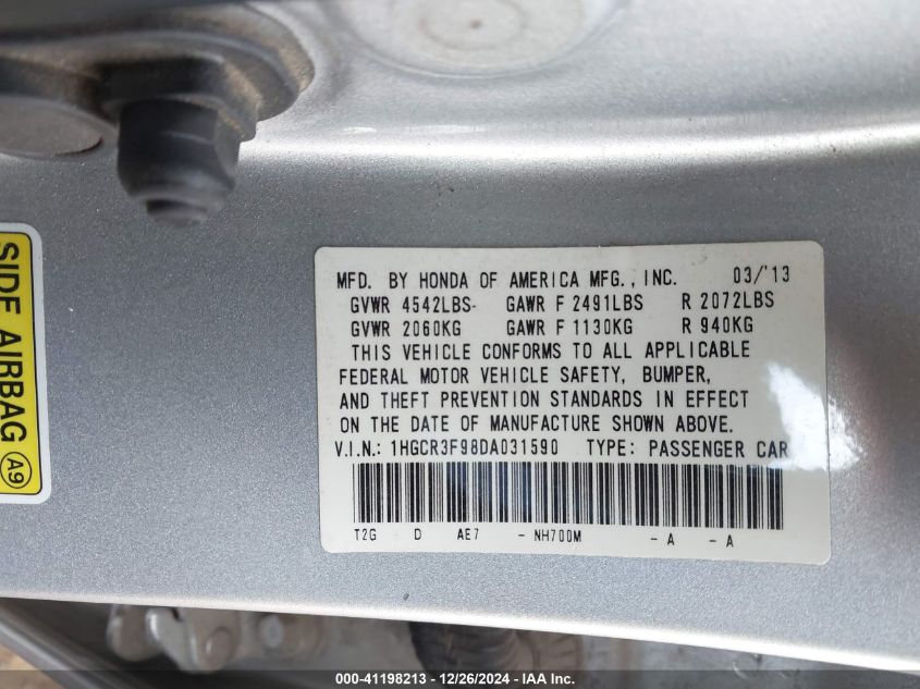 VIN 1HGCR3F98DA031590 2013 Honda Accord, Touring no.9