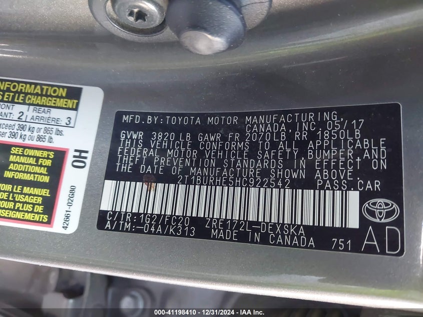 2017 TOYOTA COROLLA SE - 2T1BURHE5HC922542