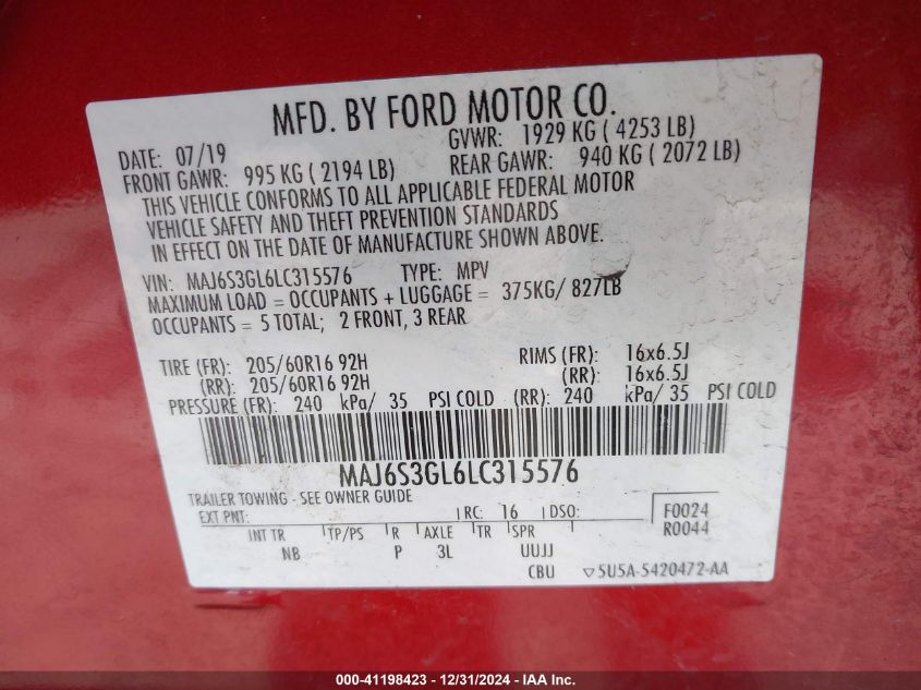 2020 Ford Ecosport Se VIN: MAJ6S3GL6LC315576 Lot: 41198423