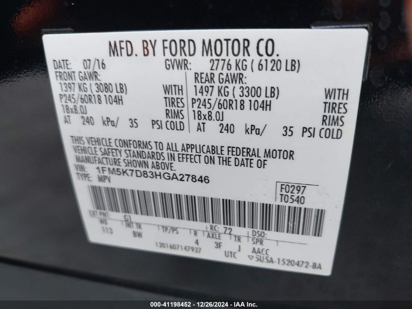 VIN 1FM5K7D83HGA27846 2017 Ford Explorer, Xlt no.9