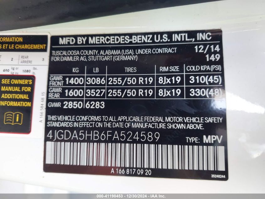 VIN 4JGDA5HB6FA524589 2015 Mercedes-Benz ML 350, 4M... no.9