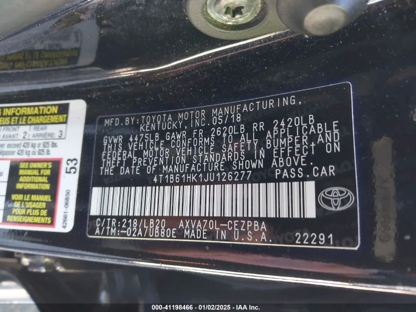 VIN 4T1B61HK1JU126277 2018 TOYOTA CAMRY no.9