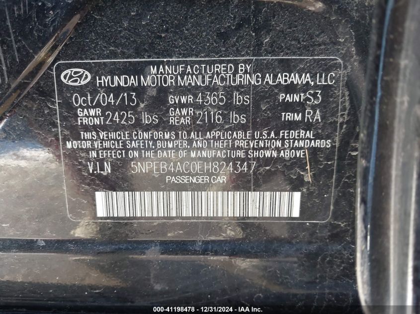 VIN 5NPEB4AC0EH824347 2014 HYUNDAI SONATA no.9