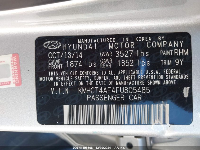 VIN KMHCT4AE4FU805485 2015 Hyundai Accent, Gls no.9