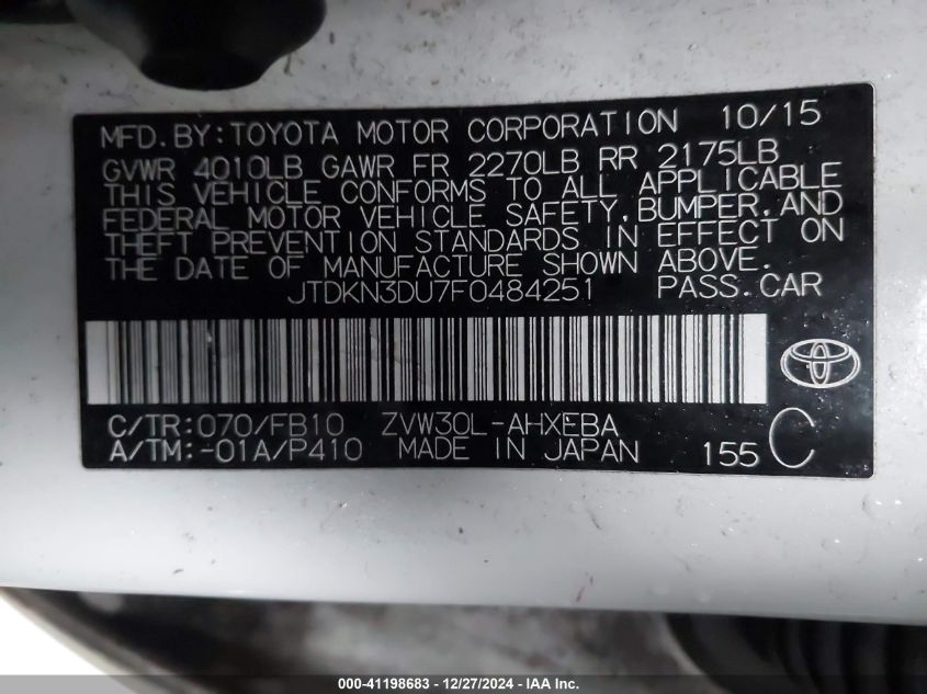 VIN JTDKN3DU7F0484251 2015 Toyota Prius, Two no.9