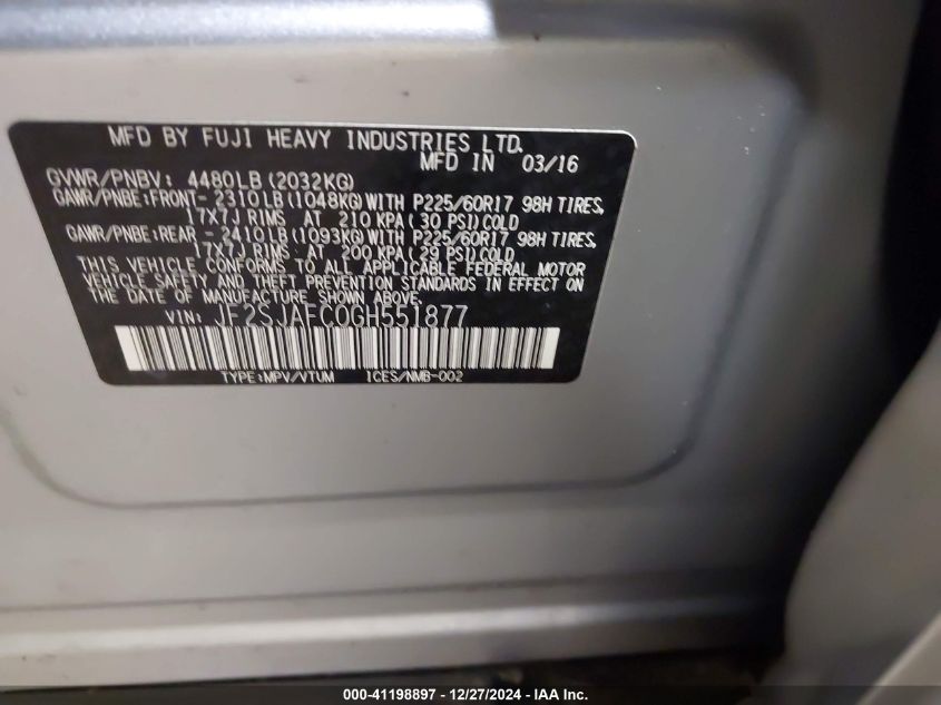 VIN JF2SJAFC0GH551877 2016 Subaru Forester, 2.5I Pr... no.9