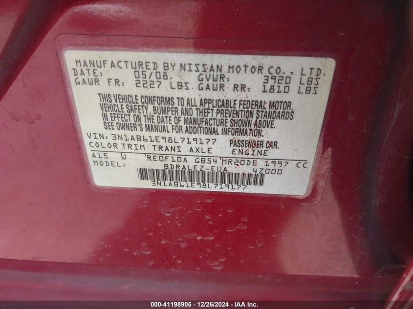 2008 NISSAN SENTRA VIN: 3N1AB61E98L719177
