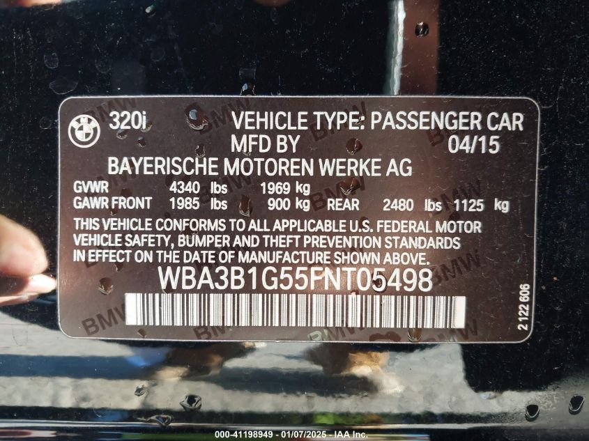 VIN WBA3B1G55FNT05498 2015 BMW 3 Series, 320I no.9