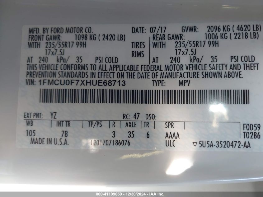 VIN 1FMCU0F7XHUE68713 2017 Ford Escape, S no.9