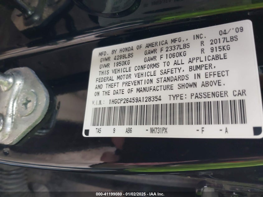 2009 HONDA ACCORD VIN: 1HGCP26459A128354
