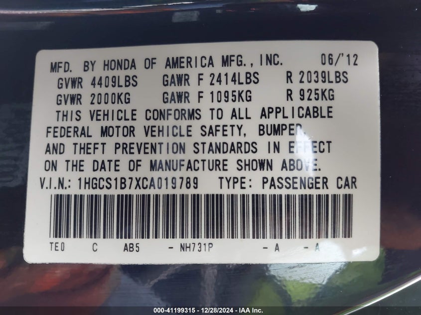 2012 HONDA ACCORD VIN: 1HGCS1B7XCA019789