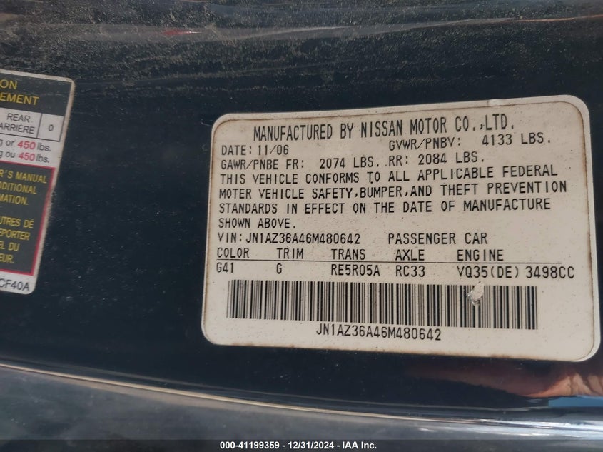 2006 NISSAN 350Z VIN: JN1AZ36A46M480642