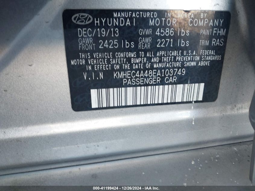 VIN KMHEC4A48EA103749 2014 Hyundai Sonata, Hybrid L... no.9