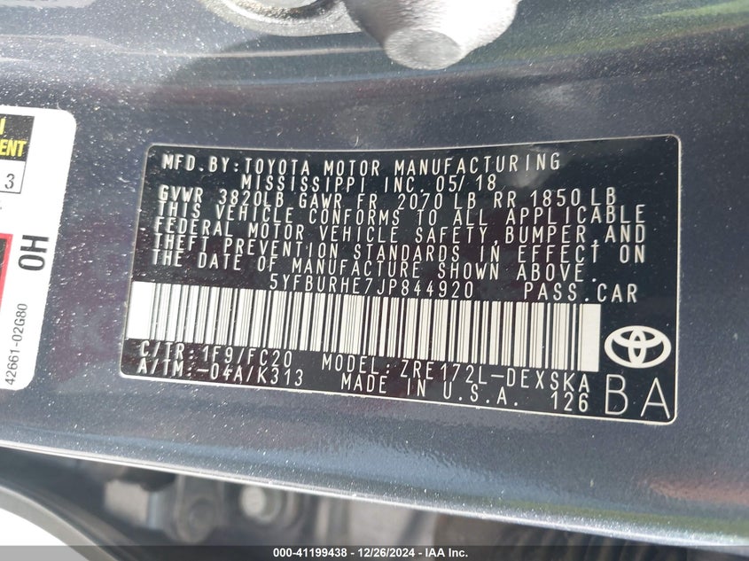 2018 TOYOTA COROLLA VIN: 5YFBURHE7JP844920