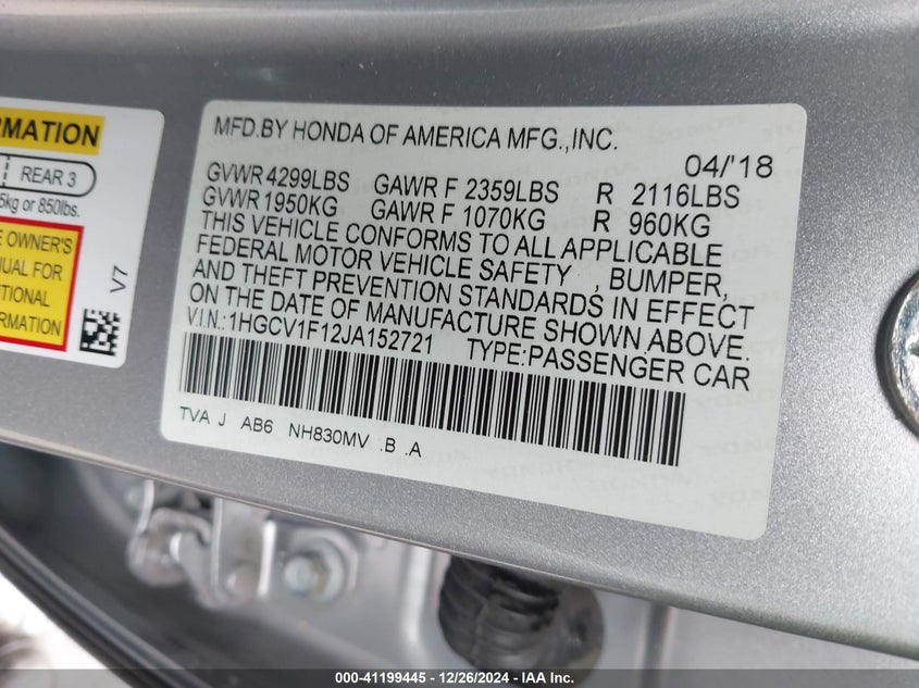 2018 HONDA ACCORD VIN: 1HGCV1F12JA152721