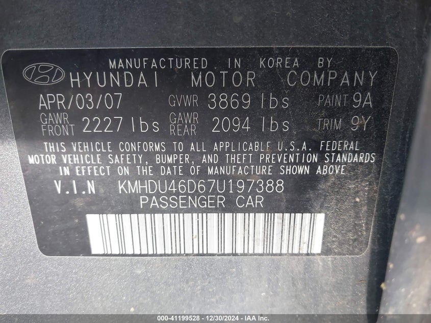 2007 HYUNDAI ELANTRA VIN: KMHDU46D67U197388