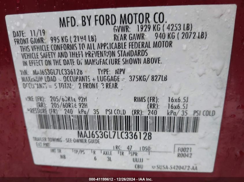 2020 Ford Ecosport Se VIN: MAJ6S3GL7LC336128 Lot: 41199612