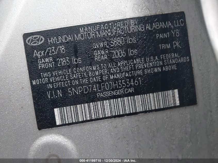 VIN 5NPD74LF0JH353461 2018 HYUNDAI ELANTRA no.9