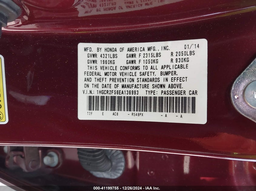 2014 HONDA ACCORD VIN: 1HGCR2F56EA136993