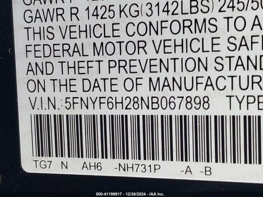 VIN 5FNYF6H28NB067898 2022 HONDA PILOT no.9