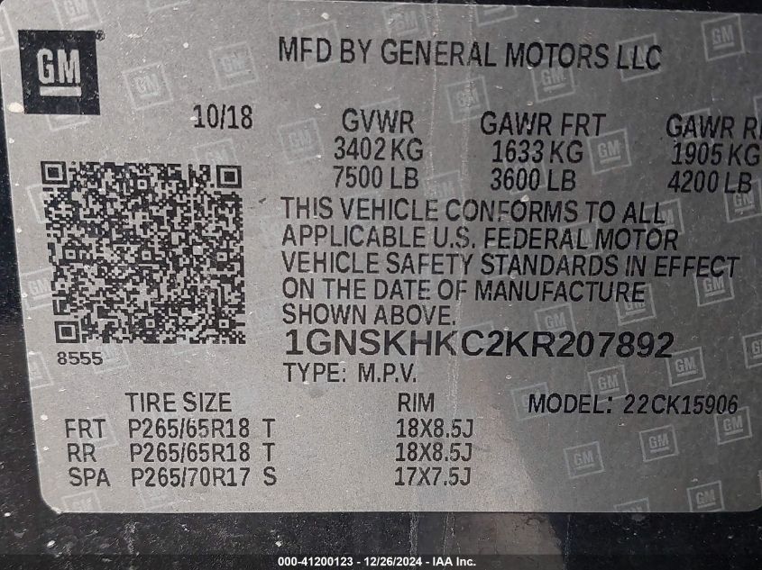 VIN 1GNSKHKC2KR207892 2019 CHEVROLET SUBURBAN no.9