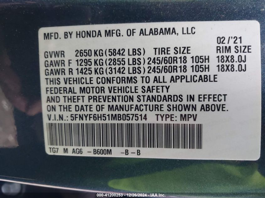 VIN 5FNYF6H51MB057514 2021 HONDA PILOT no.9