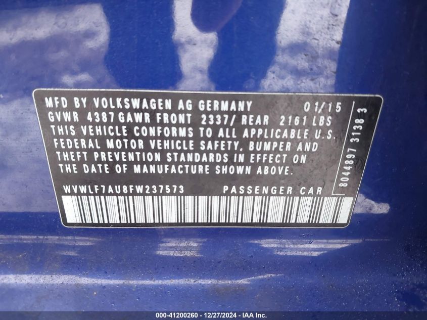2015 Volkswagen Golf R 4-Door VIN: WVWLF7AU8FW237573 Lot: 41200260