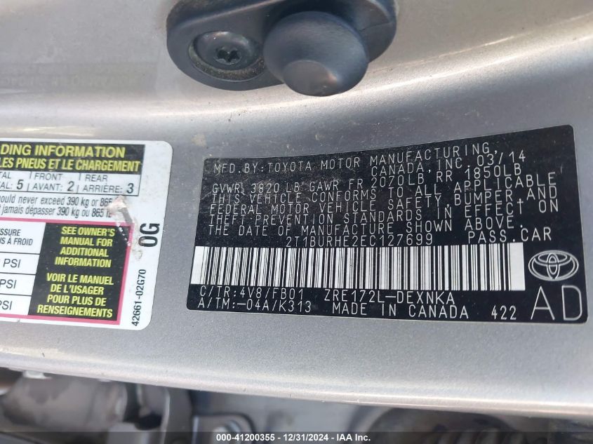 VIN 2T1BURHE2EC127699 2014 Toyota Corolla, LE no.9