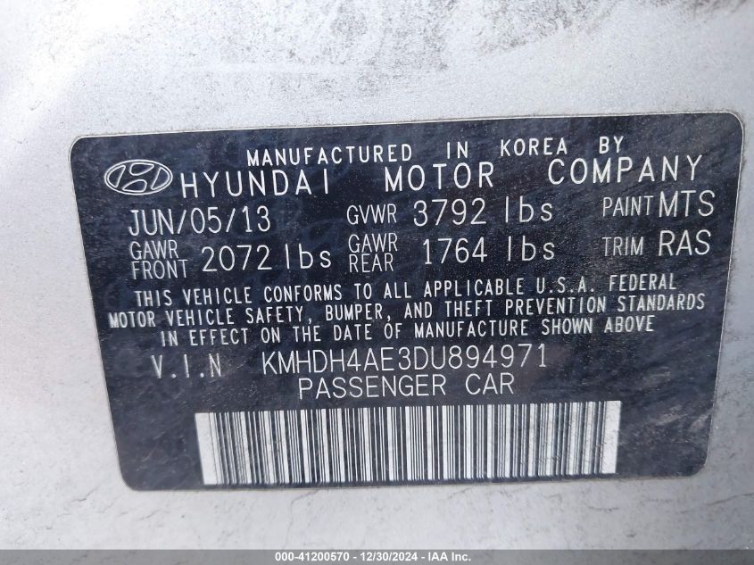 VIN KMHDH4AE3DU894971 2013 Hyundai Elantra, Gls no.9