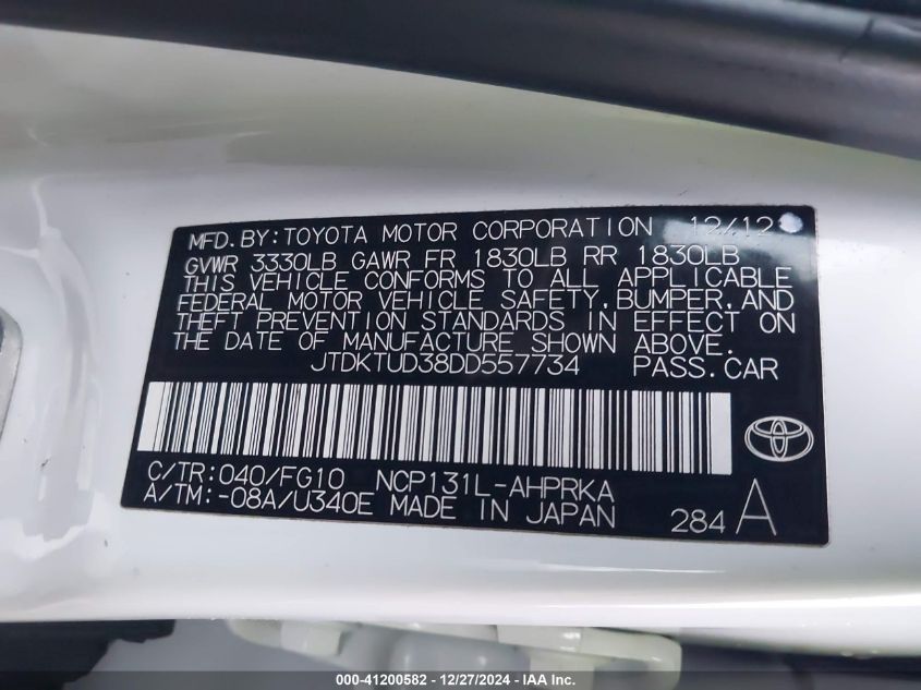 VIN JTDKTUD38DD557734 2013 Toyota Yaris, LE no.9