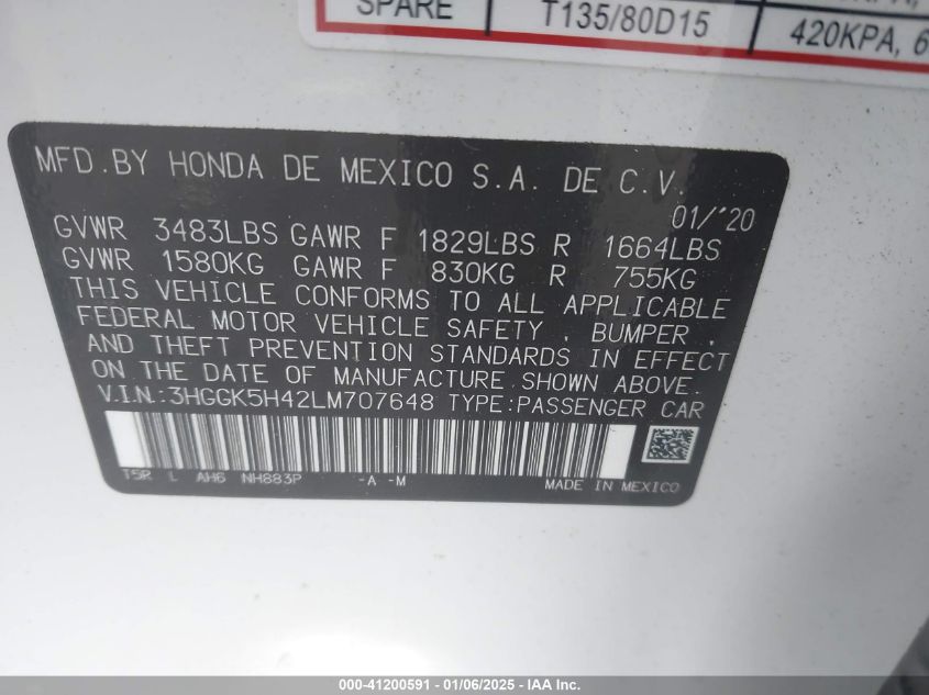 VIN 3HGGK5H42LM707648 2020 Honda Fit, LX no.9