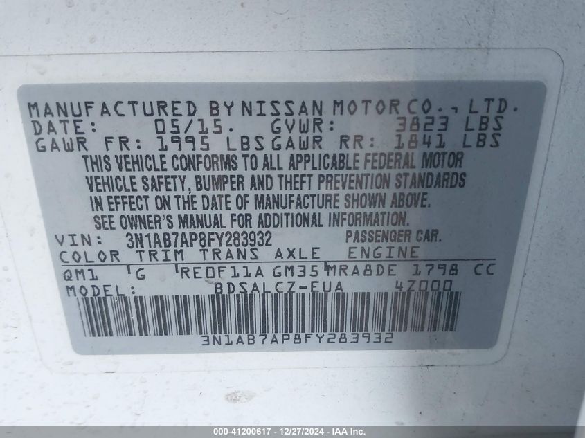 VIN 3N1AB7AP8FY283932 2015 NISSAN SENTRA no.9