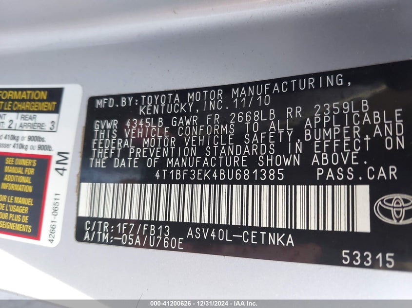 2011 TOYOTA CAMRY VIN: 4T1BF3EK4BU681385