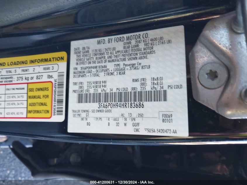 2017 FORD FUSION VIN: 3FA6P0H94HR183686