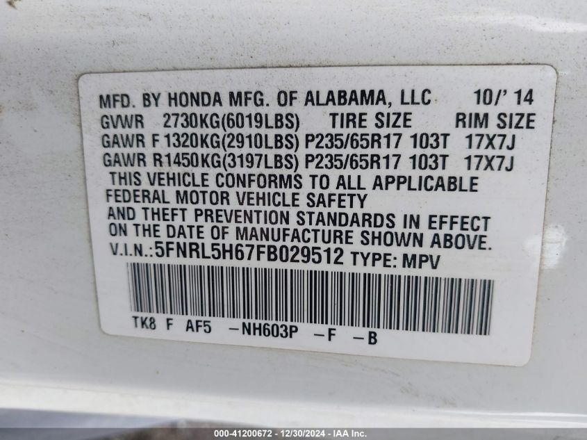 VIN 5FNRL5H67FB029512 2015 Honda Odyssey, Ex-L no.9