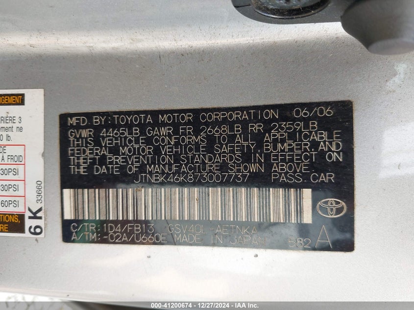 2007 TOYOTA CAMRY VIN: JTNBK46K873007737