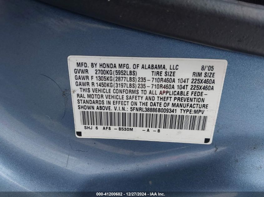 2006 Honda Odyssey Touring VIN: 5FNRL38886B009341 Lot: 41200682