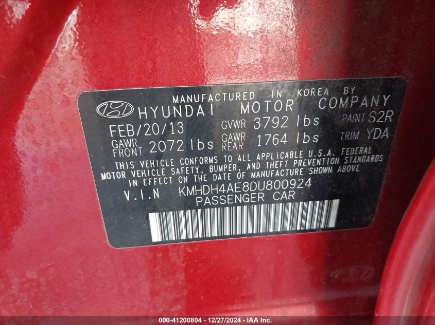 VIN KMHDH4AE8DU800924 2013 Hyundai Elantra, Gls no.9