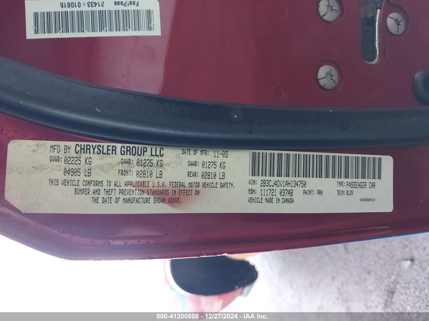 2010 DODGE CHALLENGER VIN: 2B3CJ4DV1AH134750