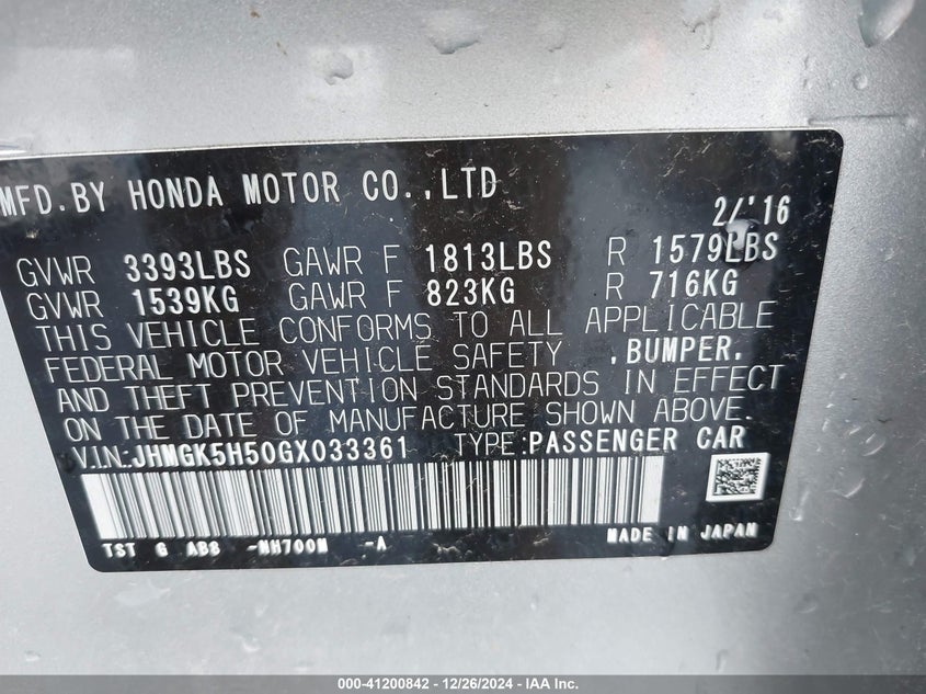2016 HONDA FIT VIN: JHMGK5H50GX033361