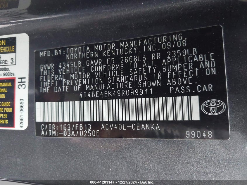 2009 TOYOTA CAMRY VIN: 4T4BE46K49R099911