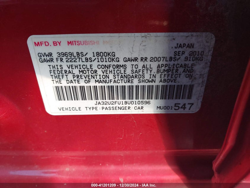 2011 MITSUBISHI LANCER VIN: JA32U2FU1BU010596